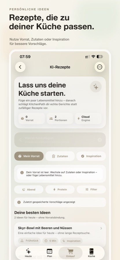 KitchenPath zeigt persönliche Rezeptideen in einer übersichtlichen iPhone-Ansicht